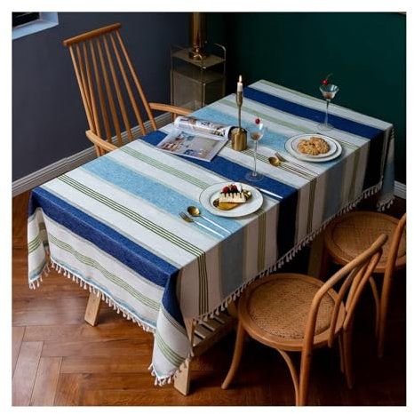 Epinki Tischdecken, Dunkelblau Tischtuch Streifen mit Quaste Baumwolle Leinen, Tischtuch Rund Boho Dauerhaft Kratzfest für Drinnen Draussen Garten Esszimmer Party und Festen, 140x240CM