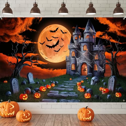 Halloween Banner, Happy Halloween Banner, Schwarz Rot Extra Große Halloween Banner, Schloss Kürbis Happy Halloween Dekoration, Halloween Photo Booth Banner Zeichen für Halloween Draußen Drinnen Decor