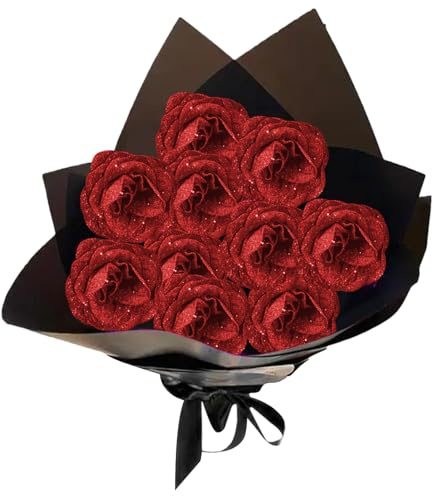 Stibzeup Glitzer Rosen Bouquet 1 Set Realistische künstliche Rosenbouquet -Set umfasst 10 Rose, 10 Stiel, 2 Packpapier und 2 Band Romantische Everlastende Blumenstrauß für Hochzeit, Valentine, Rot