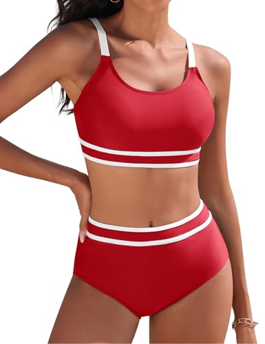 Tuopuda Bikini Mujer Push Up Deportivo Cintura Alta Traje de Baño Dos Piezas Conjunto de Bikini Biquini Vikini con Relleno Bikini Top con Brasileño Braga Alta Natacion Playa Piscina, Rojo Vino, L