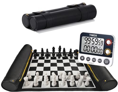 Edgell House Portable Chess Set - Roll-Up Travel Chess Mat with Board, Pieces & Dgt Chess Timer - 2 Player, Ages 12+