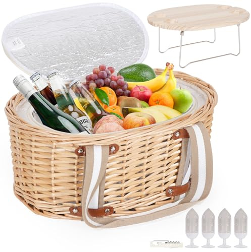 Zettfuly Juego de canasta de picnic para 4 personas, cesta de picnic aislada de mimbre con mesa de vino plegable, kit de picnic de vino con forro para parejas, camping, al aire libre, San Valentín