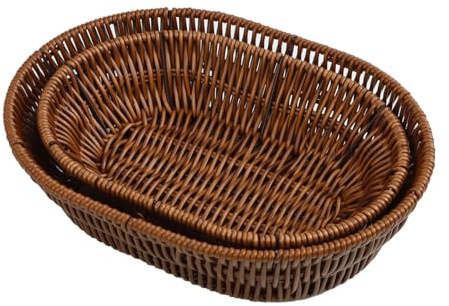 YUNRUI 2PCS Wicker Storage Basket, PP Imitation Rattan Woven Bread Baskets, Handwoven Fruit Baskets with Metal Frame for Home Kitchen Restaurant Picnic Table Serving Display Brown
