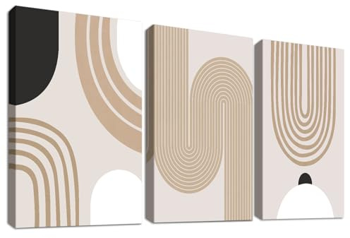 3Pcs Boho Minimalistisch Abstrakt Mit Rahmen Leinwand Bilder Karamell Beige Mid Century Geometrisch Bild auf Leinwand Malerei Wandbilder Wohnzimmer Schlafzimmer Badezimmer Wanddeko 40x60cm x3pcs