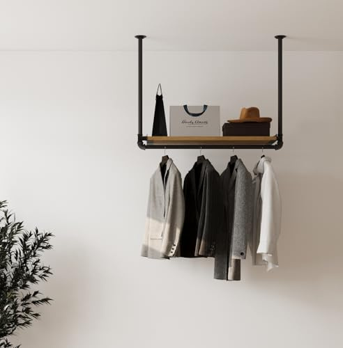 RSR Hangers Kleiderstange „MIK“ Garderobe Industrial Design für Decke Garderobenstange Eichenholzbrett | Breite 50 cm x Höhe 50 cm | Deckenmontage | Ankleidezimmer | Flur | begehbarer Kleiderschrank