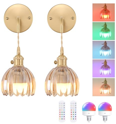 Shenmoyl Battery Operated Wall Light Set of 2, Rechargeable Wall Lamp Indoor with Adjustable Cord, Vintage Wall Sconce Decor for Bedside Living Room Bedroom Bathroom, Tulip Amber