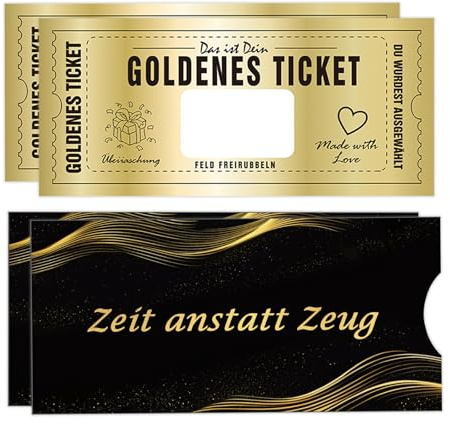 2x Goldenes Ticket,Geschenke Gutschein zum Selber Auffüllen,Rubbelkarte zum Beschriften mit Umschlag,Rubbelaufkleber, Rubbelwerkzeug,Rubbellose Geburtstagskarte Wunschgutschein - Zeit anstatt Zeug