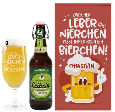 Herz & Heim® Personalisierbares Bier-Geschenkset für Männer mit Bierglas, Geschenkbox & Bier – Leikeim, Gösser oder Bitburger alkoholfrei (Geschenkbox 35,5×10,5×19 cm (B/H/T), Leikeim Landbier)