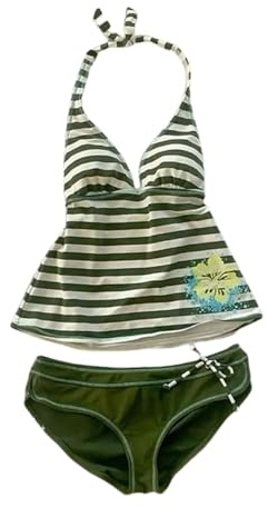 Y2k 2-delad randig strand bikini set sommar blommigt tryck halterneck baddräkt set strand badkläder 2000-tals estetiska streetwear, gRÖN, M