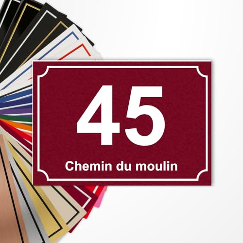 Numéro de Rue Maison Personnalisé Bordeaux/Blanc 15x10 cm | Gravure Laser, 22 Couleurs, Numéro et Nom de Rue, Ornements ou Sans Motif, Adhésif 3M Sans Perçage, Fabriqué en France