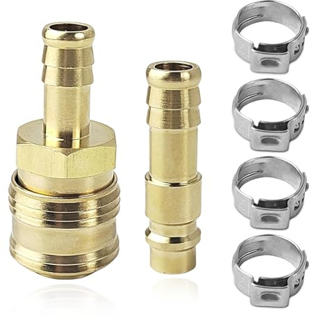 Lot de 2 raccords à air comprimé en laiton avec 4 colliers de serrage pour tuyau - Raccord rapide pour tuyau - Compresseur