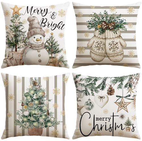 Sungeek 4er Set Weihnachten Kissenbezüge, Dekorative Zierkissenbezüge Kissenbezug Weihnachtsdeko Kissenhülle für Sofa Couch Schlafzimmer Wohnzimmer (45x45 cm, Schneemann Grau)