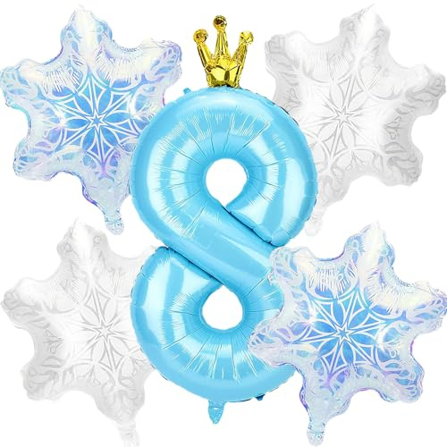 5 PCS Globos de Helio Número 8, 8 Años Fiesta Cumpleaños Niñas, Globos Copos de Nieve, Adecuado para Fiesta de Cumpleaños de Niñas, Fiestas de Navidad, Fiestas de Copos de Nieve de Invierno