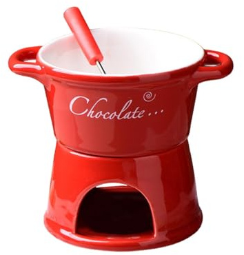 Gcljlmy Pot à fondue au chocolat, bougie chauffe-plat, pot en porcelaine, ustensiles de cuisine avec fourchette, creuset en porcelaine pour fromage, caramel, dessert, maison (rouge)