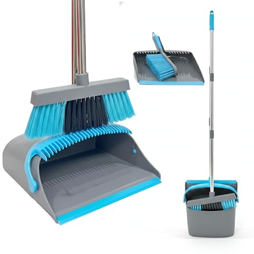 UR CHOICE Long Handled Dustpan and Brush Set, Upright Broom and Dustpan for Indoor and Outdoor Floor Cleaning, Space Saving Standing Dustpan and Brush Set Grey Blue