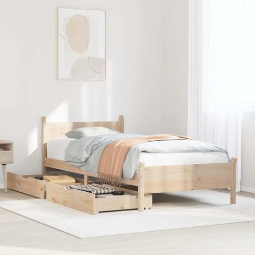 QZZCED Bett aus massivem Kiefernholz mit Lattenrost und Kopfteil, stabile Struktur mit Schublade und Rollen für Unterstützung und Organisation