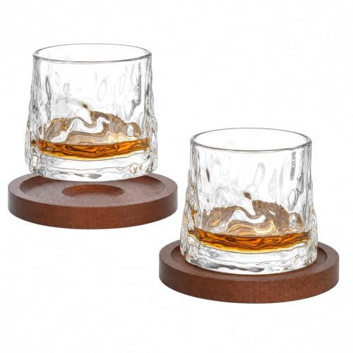 Set Bicchieri Whisky 180 ml con Base, 2 Bicchieri da Whisky Rotanti in Vetro ad Alta Trasparenza con Motivo Martellato, Tumbler Basso per Whisky, Rum, Cognac, Regalo Uomo