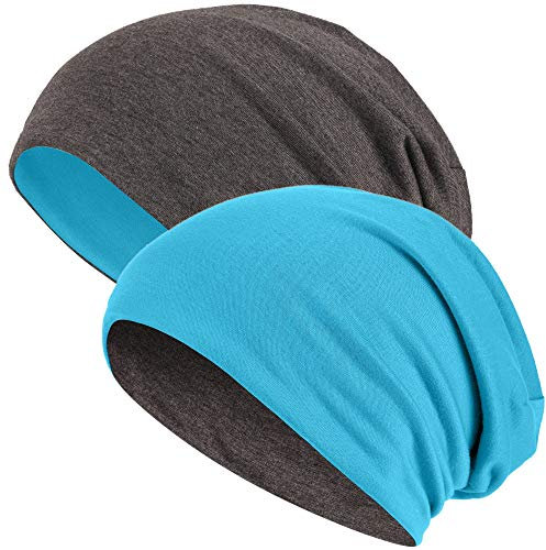 Hatstar® 2in1 Reversible Unisex Beanie | Damen und Herren Mütze | Übergangsmütze für Frühling und Sommer | SoftTouch Poly - Baumwolle | leicht & weich (dunkelgrau/türkis)