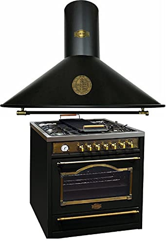 Kaiser Gas-Standherd Empire HGE 93555 Em+A 9423 BE ECO, Retro Gas Elektro Standherd 90 cm Range Coocker/Dunstabzugshaube 90 cm, 910 m³/h,Schwarz,Belle Époque mit Metallelementen •Antique Gold•