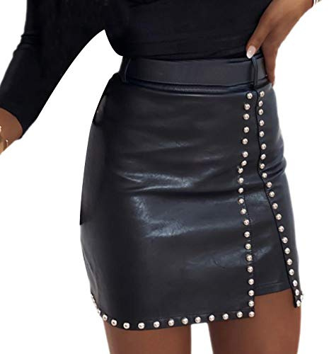 Dazzerake Falda Corta para Mujer Minifalda Sexy de Cuero Falda de Tubo Ajustada con Cremallera Cintura Alta Color Sólido Casual Moda (Negro B, M)