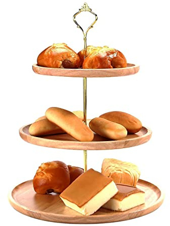 Soporte para cupcakes, redondo, 3 pisos, plato para servir con mango de metal, soporte para tartas de madera, para bodas, fiestas, cumpleaños, baby showers, postres, frutas, dulces, 30 x 25 x 20 cm