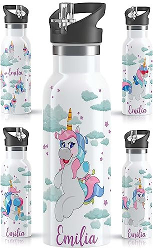 OWLBOOK® Edelstahl Trinkflasche Kinder personalisiert | Wasserflasche mit Strohhalm | 600 ml | Sportdeckel | Spülmaschinenfest | Geschenke zur Einschulung Mädchen | Fröhliches Einhorn