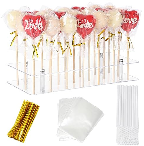 Cake Pop Stand with Sticks Kit, 21 Holes Lollipop Display Ständer, Acrylic Cake Pop Display Holder, Lollipop Holder with 100 Pcs Sticks, 100 Pcs Clear Wrappers, 100 Pcs Gold Twist Ties