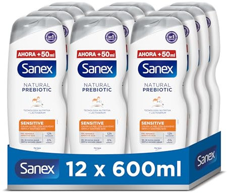 Sanex Natural Prebiotic Sensitive Gel de Ducha, Pack 12 Uds x 600ml, Gel de Baño que Limpia Suavemente la Piel, Agradable Fragancia para la Piel, Complejo Prebiótico y Postbiótico