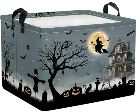 Clastyle Halloween Pumpkin Storage Basket Bat Kids Storage Box Collapsible Clothes Laundry Hamper Waterproof Boys Girls Toy Box for Party Decoration, Broomstick, 40x30x30 cm