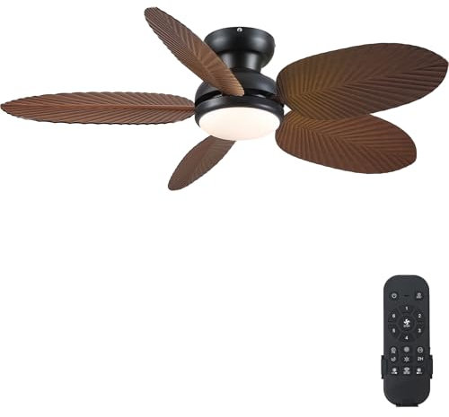 Kviflon Tropical Ceiling Fans with Lights and Remote/APP Control, 45 Inch Low Profile Flush Mount Ceiling Fans, Palm Leaf Ceiling Fan with Light for Bedroom Patios Porch Outdoor, Brown