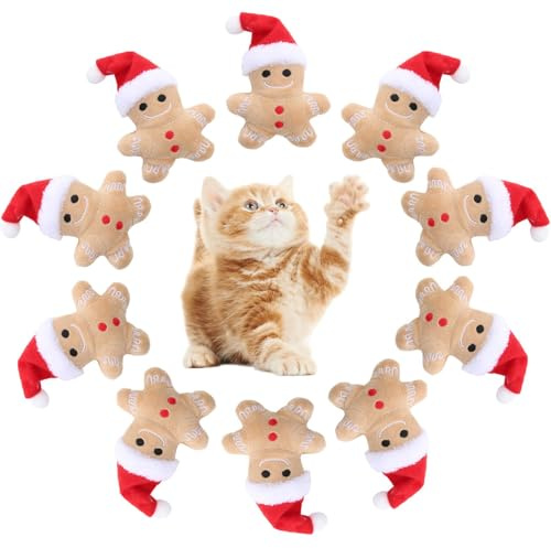 Ylnailky Lebkuchen-Katzenspielzeug - 10 Stück Gefülltes Lebkuchenmännchen-Katzenminze-Spielzeug Für Katzen | Weihnachts-Kätzchen-Beißspielzeug Zur Reinigung Der Katzenzähne Plüschspielzeug