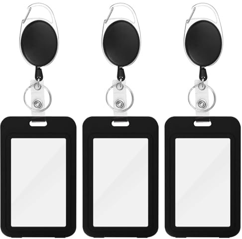 3-Pack ID Badge Holders with Retractable Keychains, Retractable Badge Reels, Waterproof Double-Sided Card Protector for Office, School, ID, Credit Cards, Driver’s Licenses, and Passes (Vertical)