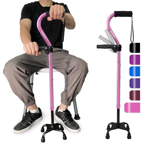 Quad Walking Cane justerbar käpp för män och kvinnor och seniorer – lätt och robust med 4-bensig bas för extra stabilitet och balans, självstående skumvadderat offsethandtag för mjukt grepp (rosa)