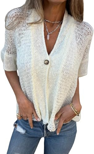 LIUYUYOUGO Cardigan Donna Estivo Cardigan Lavorato all'Uncinetto da Donna Traforato Manica Corta Aperto sul Davanti Leggero Estivo Casual Ampio Lavorato A Maglia Corto Scollo A V Maglione Top Copris