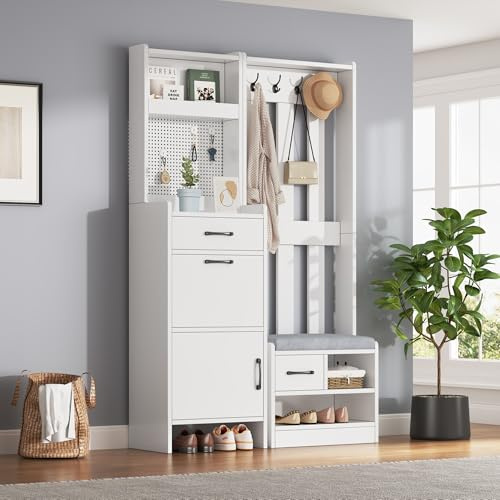 Merax Garderoben-Set in Weiß, Kompaktgarderobe, Modern Flurgarderoben Set mit Schuhschrank, Schuhbank, Schubladen, Wandpaneelen, Lochwand, Kleiderhaken, Stylishe Garderobenständer, Flur Möbel Set