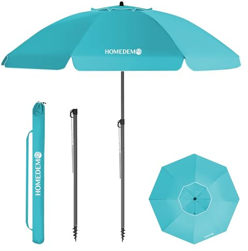HOMEDEMO Parasol Plage Inclinable avec Revêtement Argenté, Protection Solaire UV50+, avec Pied d'Ancrage à Visser & Housse de Protection, pour Terrasse, Piscine, Marché, 200cm, Turquoise