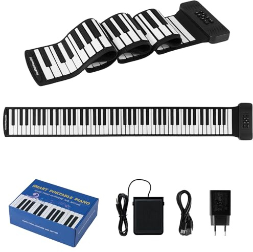 KOMFOTTEU Piano Digital Enrollable 88 Teclas Plegable con MIDI | Piano Electrónico Plegable con 128 Ritmos y Tonos, 14 Demostraciones, Teclado de Piano