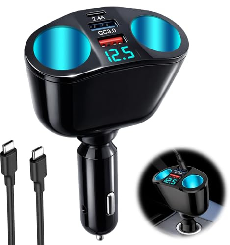 120W Car Cigarette Lighter Adapter 12V/24V Double Socket Splitter | with Dual USB C QC3.0 Fast Charger LED Voltmeter & Multi Socket Power Outlet for Dash Cam GPS Phone Vehicle Devices