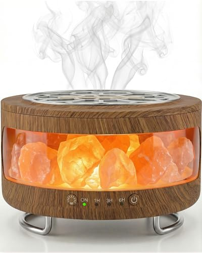 BZGG 2 en 1 Diffuseur d'huiles Essentielles & Lampe en Cristal de Sel Himalaya, humidificateur et veilleuse à 7 Couleurs, avec Fonction d'arrêt programmé, Fonctionnement Silencieux, 300 ML, Marron
