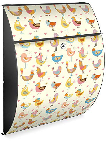 banjado Design Briefkasten - Modell Riviera 46x33,5x13cm groß - verzinkter Stahl anthrazit - Postkasten Öffnungsstopp großer A4 Einwurf Zylinderschloss 2 Schlüssel - Motiv Lustige Vögel