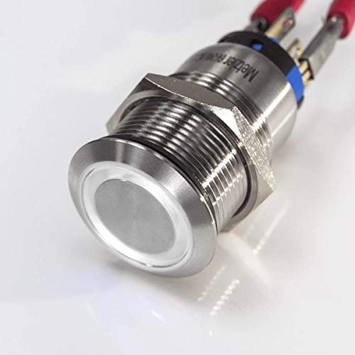 Metzler® LED Druckschalter flach mit rastender Funktion und Ringbeleuchtung 230V Weiß IP67 wasserdicht langlebig für Industrie Modellbau PIN-Anschluss Edelstahl Ø19mm beleuchtet vandalismussicher