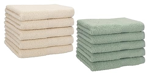 Betz 10 Stück Gästehandtücher Premium 100% Baumwolle Gästetuch Set 30x50 cm Sand und heugrün