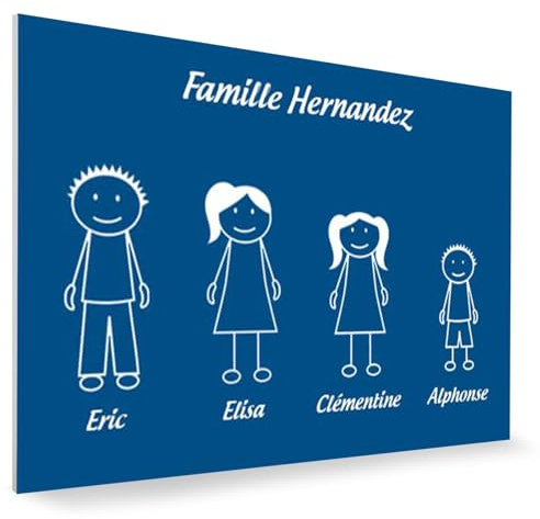 Plaque de maison Family personnalisée avec 4 membres pour boite aux lettres - Format 12x8 cm - Plaque Bleue - Lettres blanches