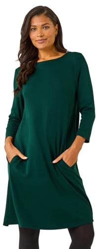 Roman Originals Tunic Dress with Pockets for Women UK Ladies Swing Fit & Flare Skater Slouch Stretchy Casual Smart Winter Jersey Pull On Work Office 3/4 Long Sleeves - Forest Green - Size 14