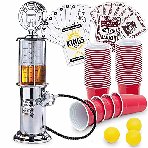 Retro Getränkespender im verchromten Nostalgie Design | Bar-Butler Zapfsäule mit Zapf-Schlauch für Party Getränke Dispenser Biertower (1 x Zapfsäule + 50 Getränkebecher + 2 Spiele)