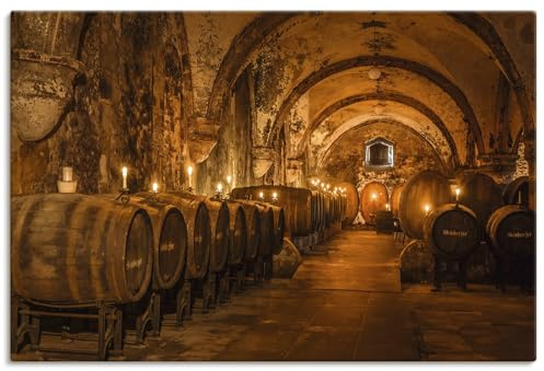 ARTLAND Wanddeko Leinwand Bilder Wandbild 90x60 cm Wein Architektur Weinkeller Weinfäser Antik U2JD