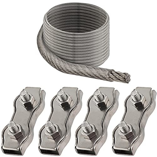 OPIOL QUALITY® 30m Drahtseil Transparent ummantelt 4mm, 4x Duplex Drahtseilklemme M5 Edelstahl A4 V4A Sonnensegel Set Hanging Kit Klemme Stahlseil Seilklemme Rankhilfe