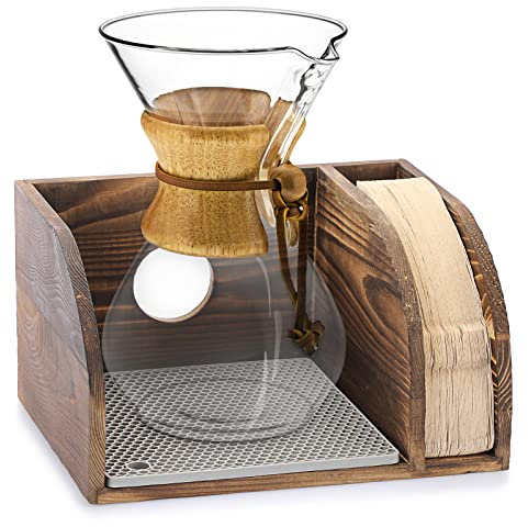 ELLDOO Vintage Wood Coffee Organizer Stand, Compatible with Chemex Coffee Makers, Holds Coffee Maker and Coffee Paper Filters, Fits Collar and Handle Carafes, with Grey Silicone Dripper Mat