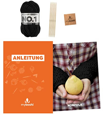 myboshi Strickset Stulpen Norfolk, inkl. No.1 Wolle, Nadel und Anleitung, original Label, Strickpaket, 30% Merinowolle Schwarz, mit Nadelspiel