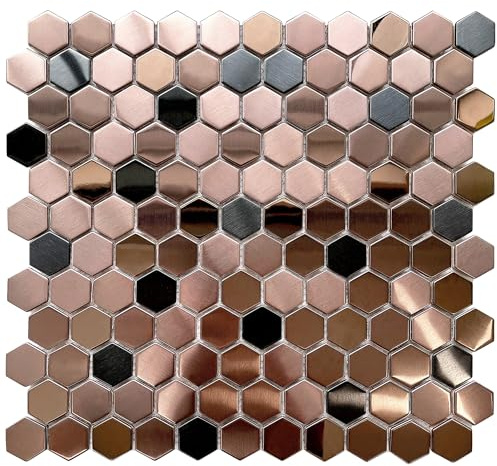 Blujellyfish Sechseckige Mosaikfliesen, Edelstahl, gebürstet, bronzefarben, kupferfarben, schwarz, für Badezimmer, Küche, Dusche, Bodenfliesen, Akzent-Mosaikfliesen, 1,5 m²